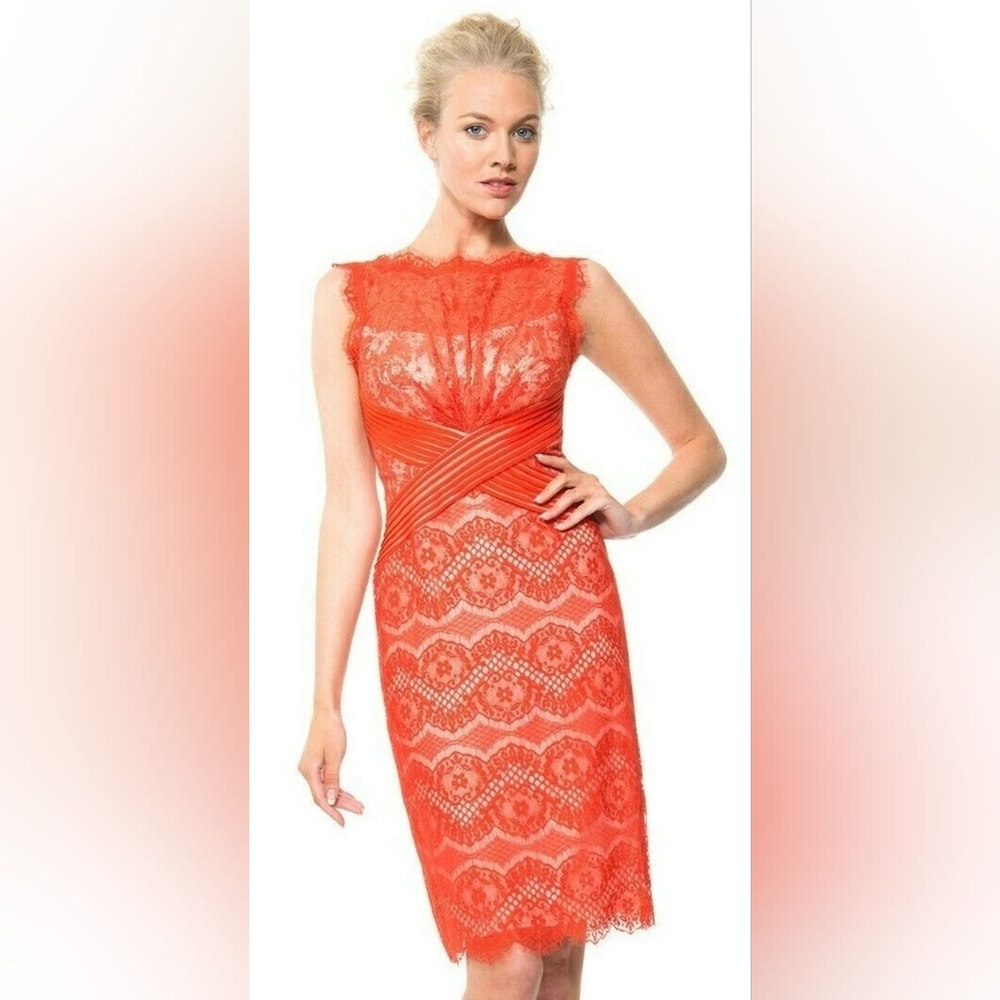 Tadashi Shoji Coral Lace Sheath Midi Dress with Crisscross Waistband